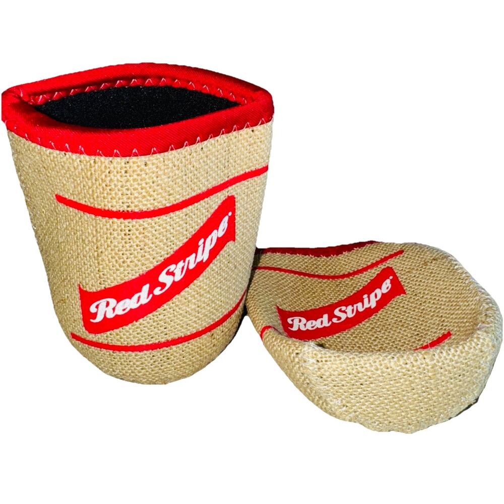 2 New Red Stripe Fine Jamaican Beer Burlap Can Coozie Coozy Coozies Authentic